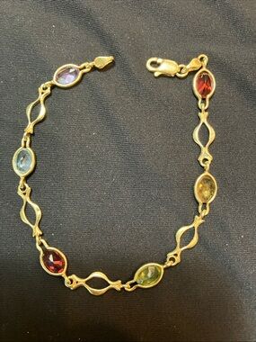 14k Solid Yellow Gold and Multi Gemstone Link Bracelet - Women's Bracelet 7”